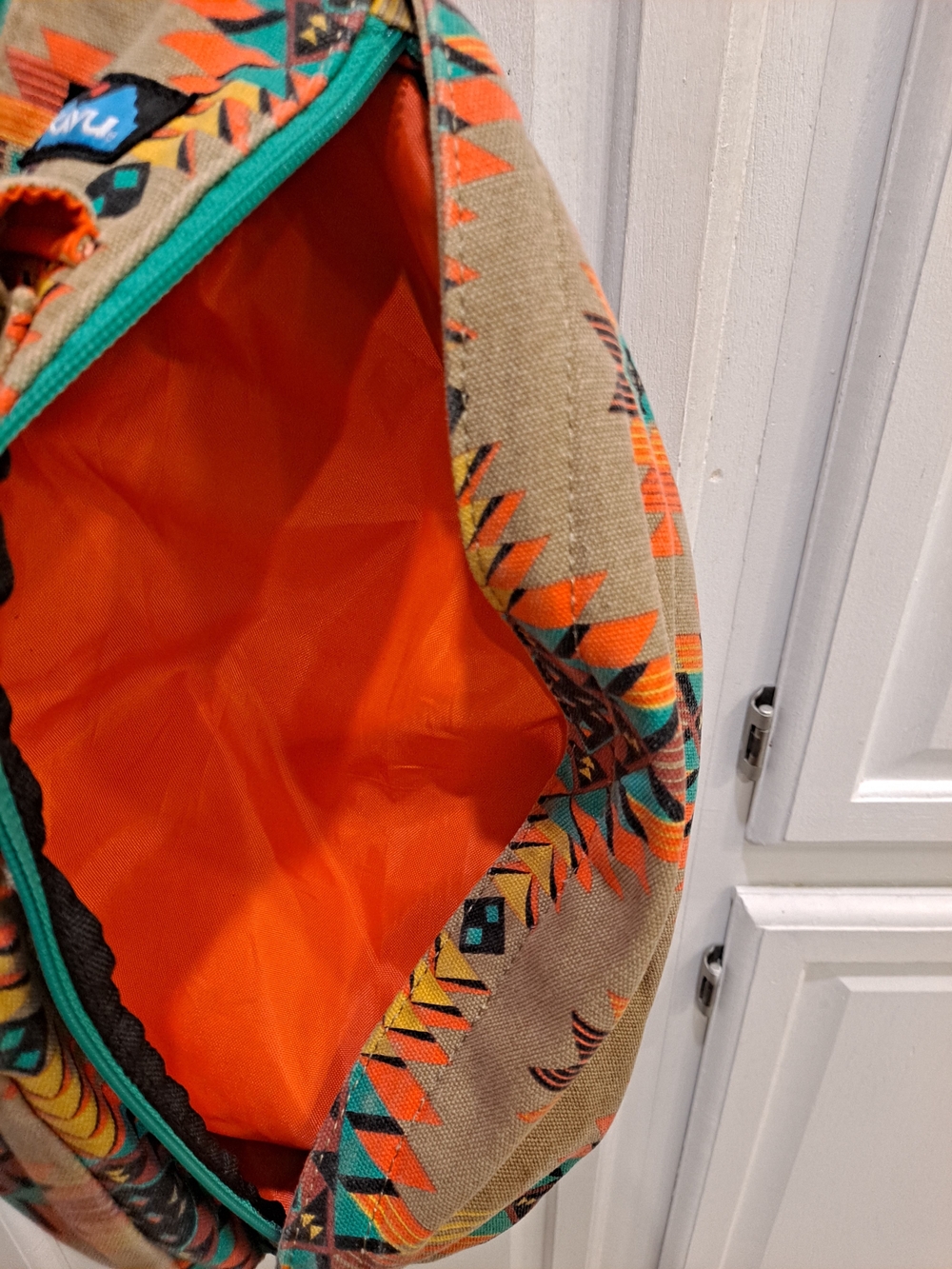 Kavu 'Mojave Dunes' Tan Rope Sling Bag Teal Orange Aztec Accents Canvas Tote - Picture 10 of 12